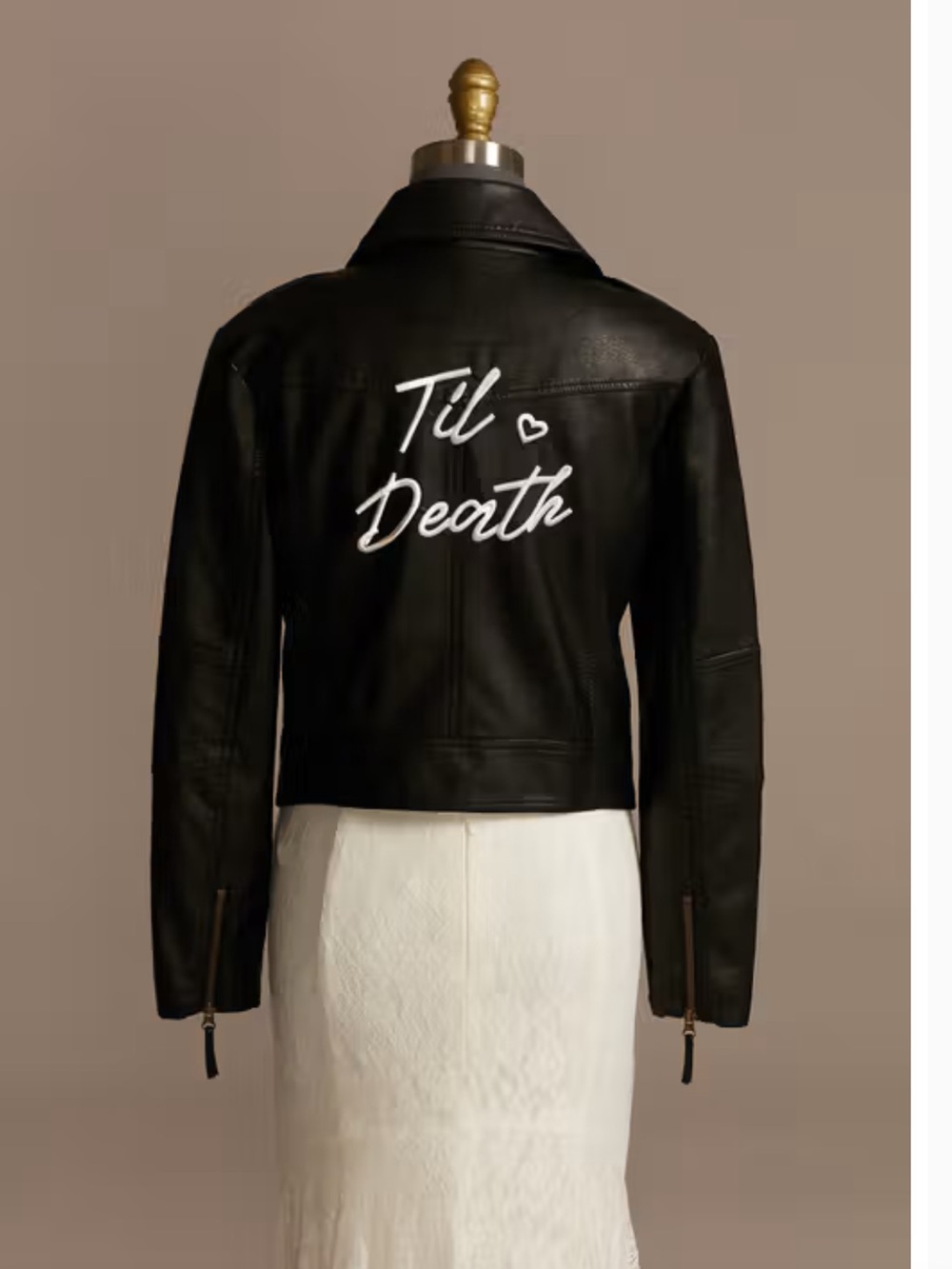 David's Bridal Black Leather Jacket with White 'Til Death' Script